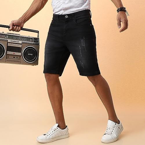Campus Sutra MenS Black Distressed Denim Shorts For Casual Wear | Dark-Wash | Regular Fit | Button Closure | Denim Shorts Craft