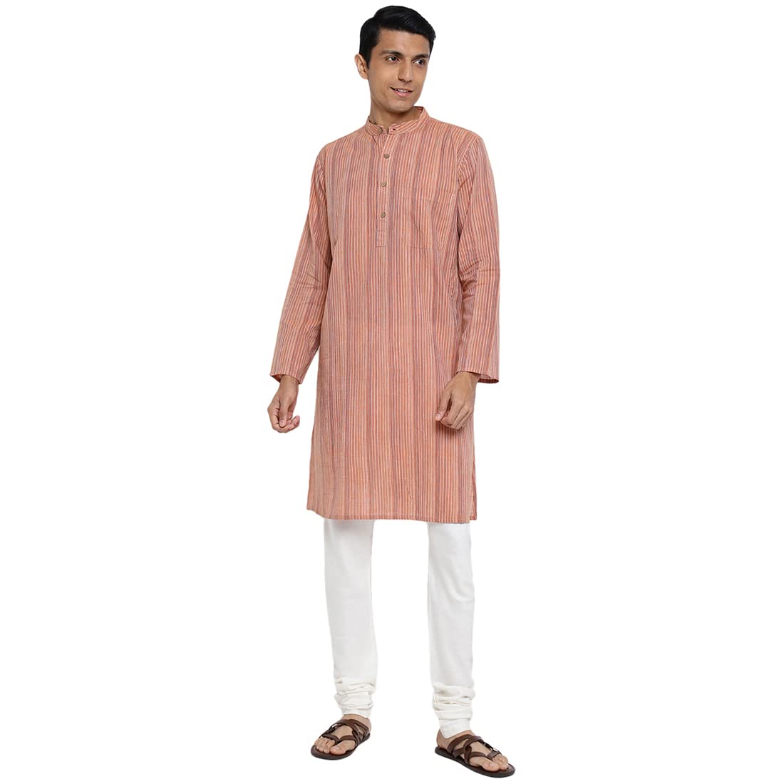 Fabindia Men Cotton Striped Long Kurta Orange_S