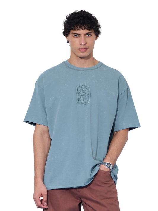 The Souled Store Originals: Blue Soul Men and Boys Short Sleeves Round Neck Blue Embroidered Cotton Oversized T-Shirts