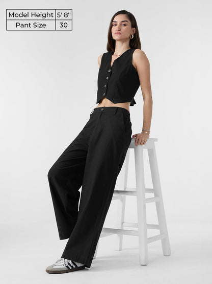 The Souled Store Cotton Linen Pants: Black Women and Girls Buttoned Coton Linen Blend Straight Fit Pants