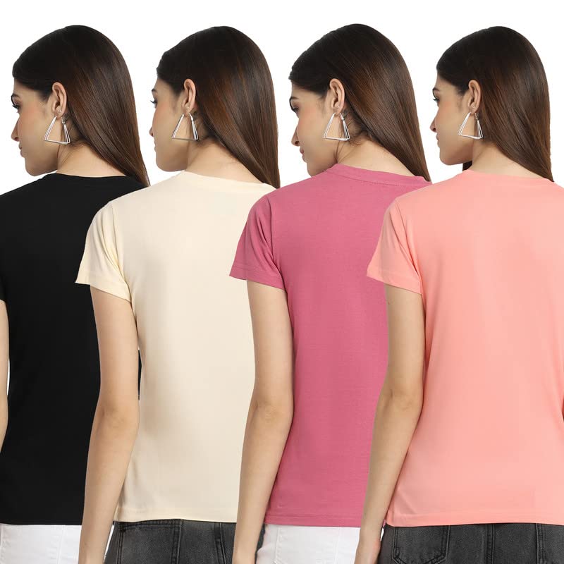Preneum Womens Cotton Regular Fit Latest Graphic Stylish Printed Short Sleeves Casual T-Shirt (Pack 4), Black & Cream & Pink &