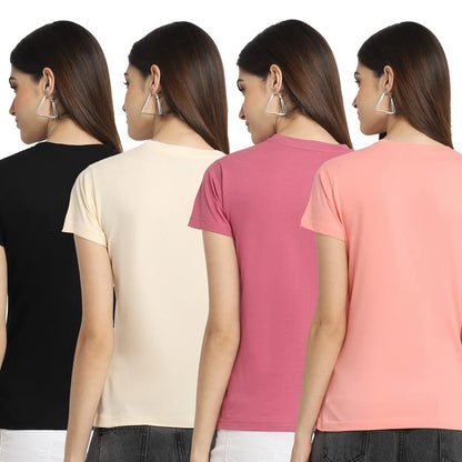 Preneum Womens Cotton Regular Fit Latest Graphic Stylish Printed Short Sleeves Casual T-Shirt (Pack 4), Black & Cream & Pink &
