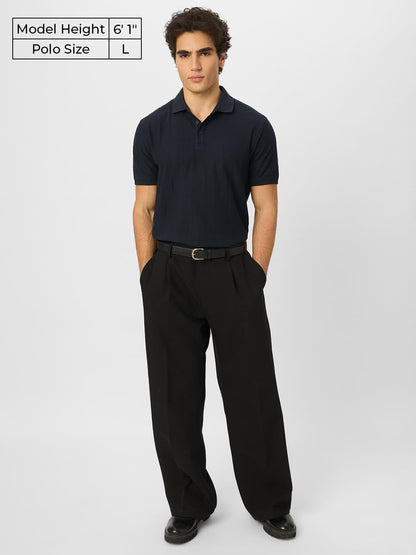 The Souled Store Official Textured Polo : Navy Men and Boys Short Sleeves Collared Neck Multicolor Printed Regular Fit Cotton Bl