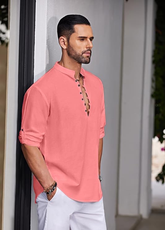 Finivo Fashion MenS Solid Cotton Blend Straight Kurta Shirt, Regular Fit Full Sleeve Short Kurta Shirt Peach