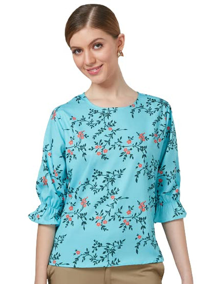 Style Quotient Women Blue And Multi Floral Printed Polyester Smart Casual Top