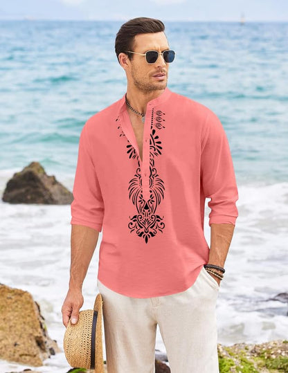 Finivo Fashion MenS Cotton Blend Short Kurta With Bold Printed Front Design | Full Sleeve Ethnic Casual Kurta With Mandarin Coll