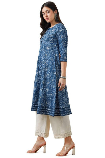 Soch Womens Blue Cotton Slub Botanical Print Panelled Kurta