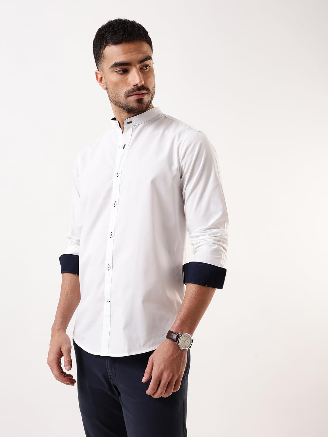 Dennis Lingo Men White Solid Chinese Collar Full Sleeves Regular Fit Cotton Casual Shirt