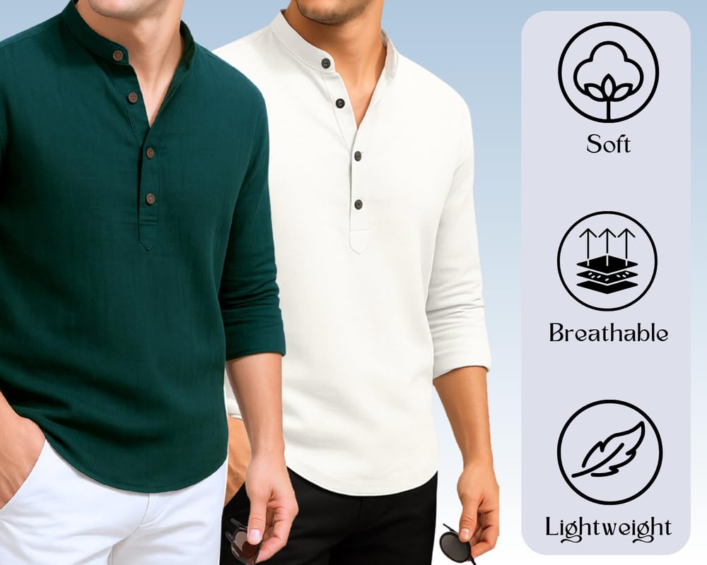 Deemoon Combo Of MenS Cotton Blend Solid Regular Fit Full Sleeve Short Kurta | MenS Trendy Short Kurta Pack Of 2 (Available In