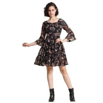 Toochki WomenS Black Georgette Paisley Print Fit & Flared Western Dress | Dress For Women | A Line Dress | Winter Dress | Weste