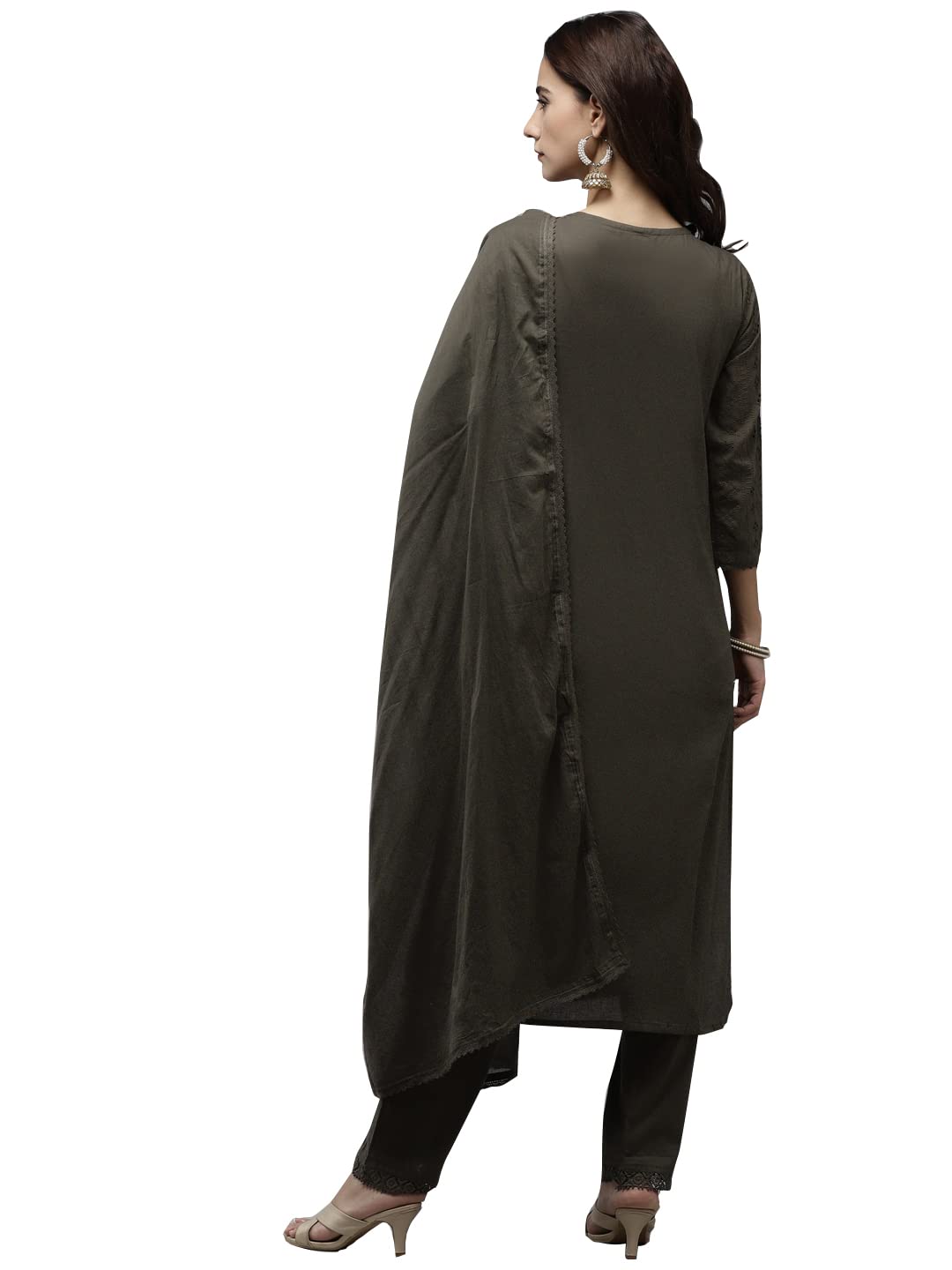 ishin Women's Pure Cotton Embroidered Thread Work Olive Woven Design Print A-Line Kurta suit set With Dupatta & Trouser