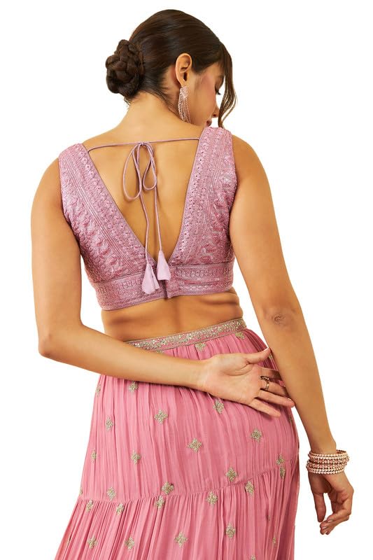 Soch Womens Onion Pink Net Sequin Embellished V-Neck Back-Open Sleeveless Blouse