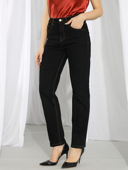 Kotty Women High Rise Cotton Lycra Regular Length Slim Fit Solid Jeans Midnight Black