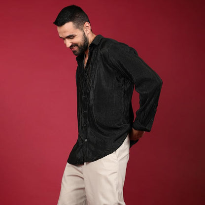 Campus Sutra Mens Midnight Black Pleat-Creased Shirt for Casual Wear | Spread Collar | Long Sleeve | Button Closure | Shirt Cra