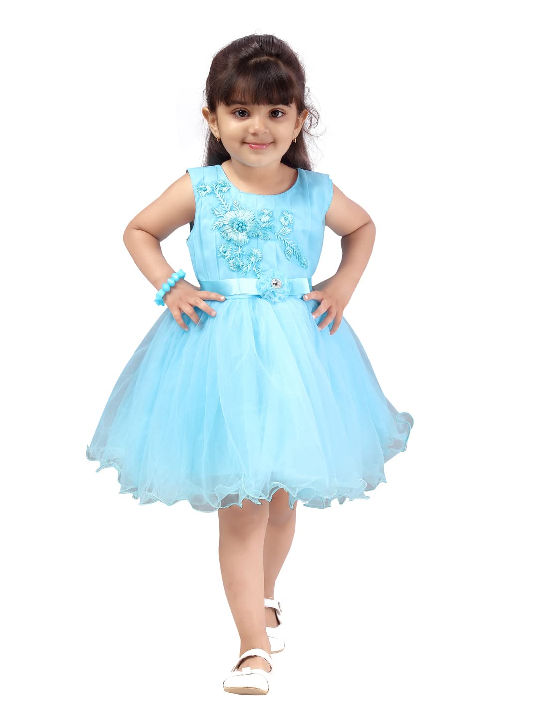 Aarika Girl's net a-line Knee-Long Dress (FK-24314-FIROZI-20)
