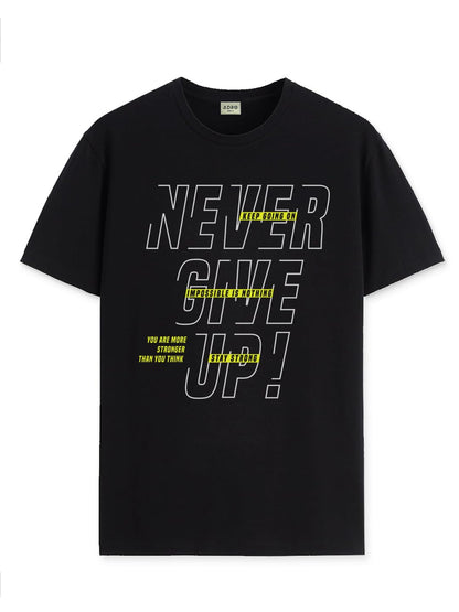 ADRO Never Give Up Printed T-Shirt for Men - 100% Cotton, Regular Fit, Soft Breathable Fabric. (RN23-M-NVR-BL_Black)