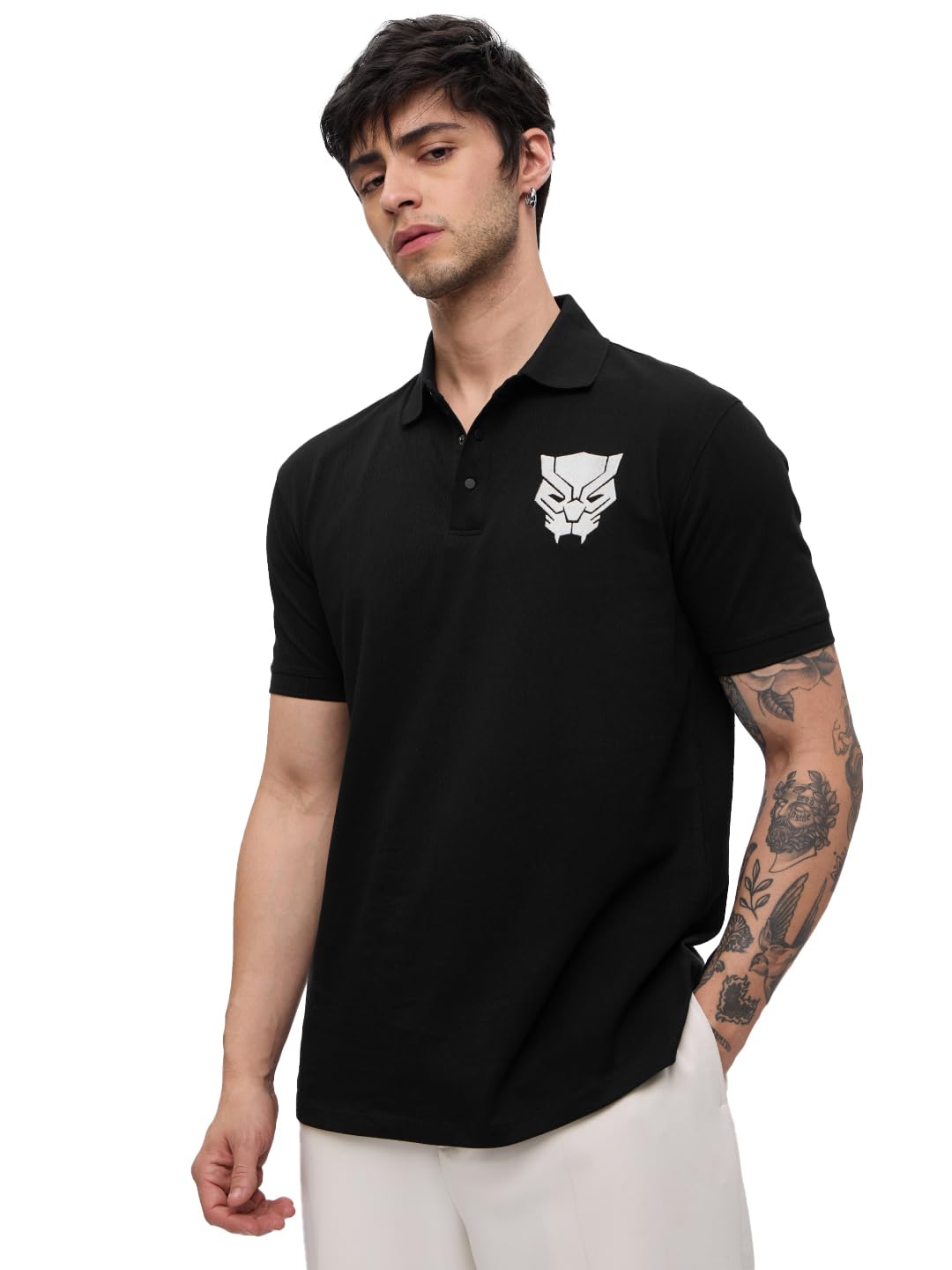 The Souled Store Black Panther: Logo Men and Boys Short Sleeves Collared Neck Black Embroidered Regular Fit Cotton Polos