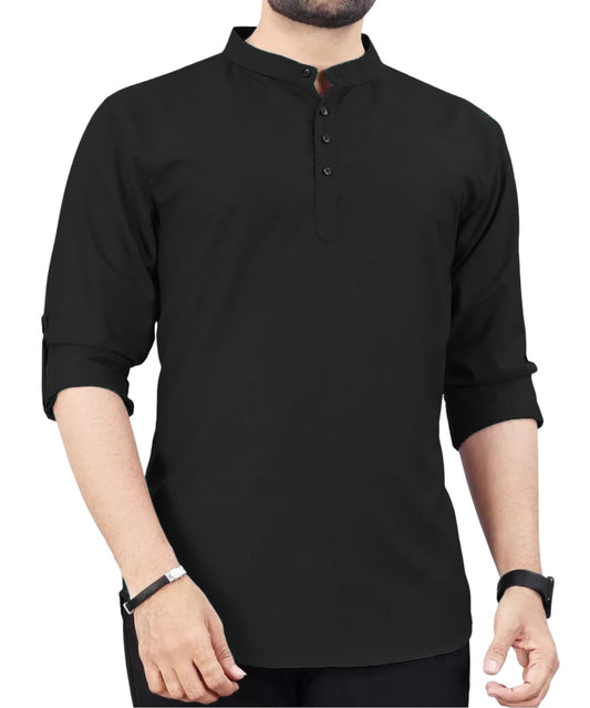 Deemoon MenS Cotton Blend Kurta With Solid Regular Fit Mandarin Collared Neck Full Sleeve And Waist Length | Kurtas For Men | B