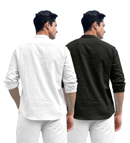 ROYALSCOUT Combo of Mens Solid Cotton Blend Full Sleeve Straight Kurta Shirt (Pack of 2) White-Black