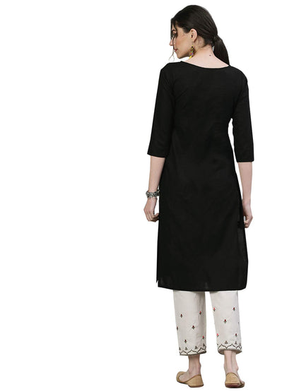 ishin Women's Pure Cotton Straight Embroidered Thread Work Floral Print Black Kurta Suit Set with Trouser