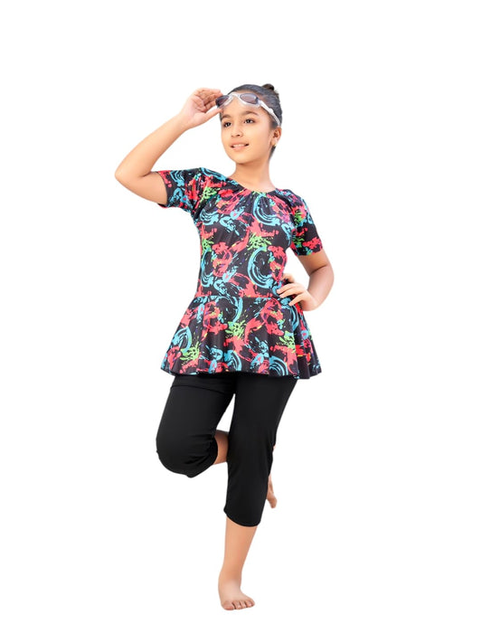 Aarika Girls Sports Wear Black-Rani Colour Abstract Print Nylon Swim Suit (5-15 Years)-(SW-SHM-C-1119)
