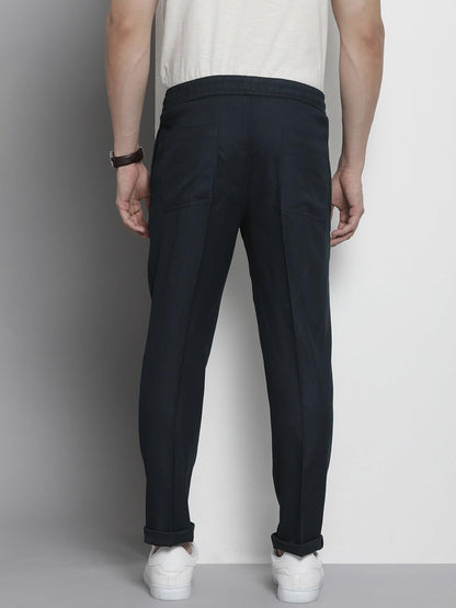 The Indian Garage Co Men Regular Fit Self Design Mid-Rise Stretchable Jogger Trousers Navy