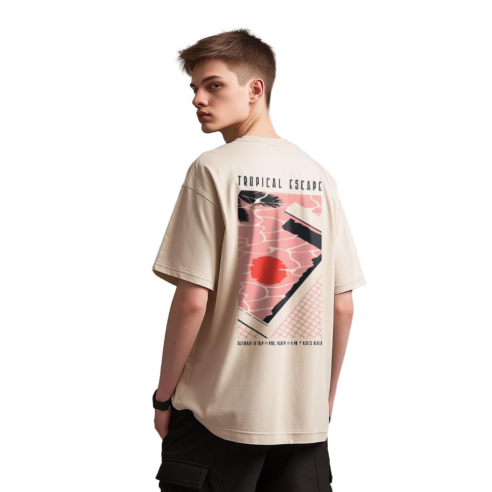 Nobero MenS Graphic Print Oversized Fit T-Shirt (1M-Twrt-C1005-Bs_Tropical Escape-Sand