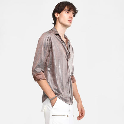 Campus Sutra Mens Metallic Brown Sheen Chevron Shirt for Casual Wear | Spread Collar | Long Sleeve | Button Closure | Shirt Cra