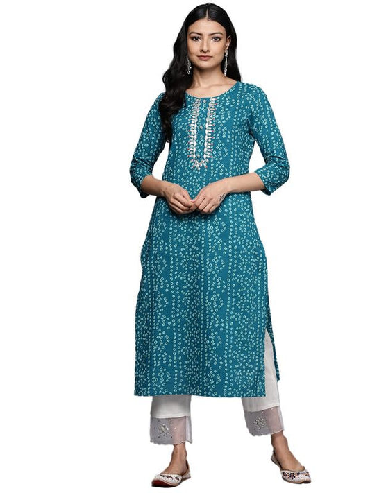 Blue Bandhani Print Embroidered Kurta Has Round Neck and Three Quarter Sleeves, Straight Kurta with Side Sits