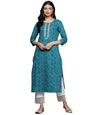 Blue Bandhani Print Embroidered Kurta Has Round Neck and Three Quarter Sleeves, Straight Kurta with Side Sits