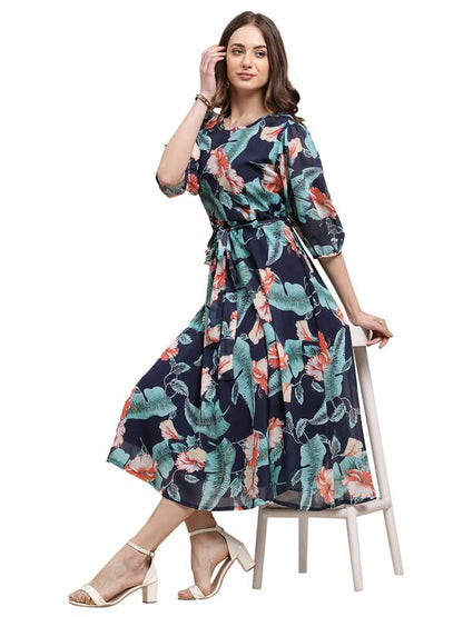 Preneum WomenS Maxi Fit & Flare Latest Style Print Georgette Regular Sleeves Casual Dress |Summer Dress Festival & Occasion Max
