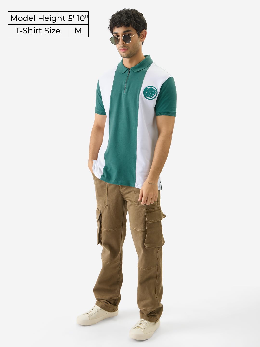 The Souled Store Official Hulk: Logo Colour Block Short Sleeve Collared Neck Green and White Regular Fit Cotton Zipper Polos for