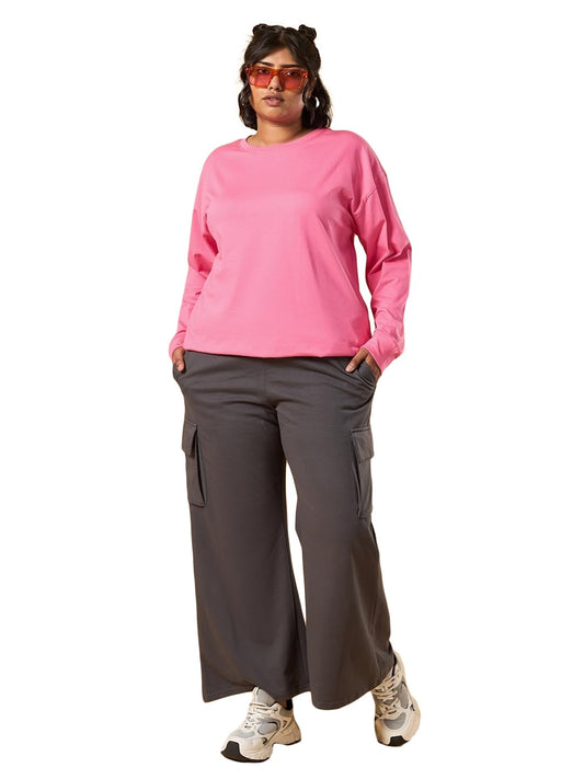 Bewakoof Womens Solid Oversized Fit Full Sleeve Round Neck Cotton Plus Size T-Shirt_617300_Pink_3XL