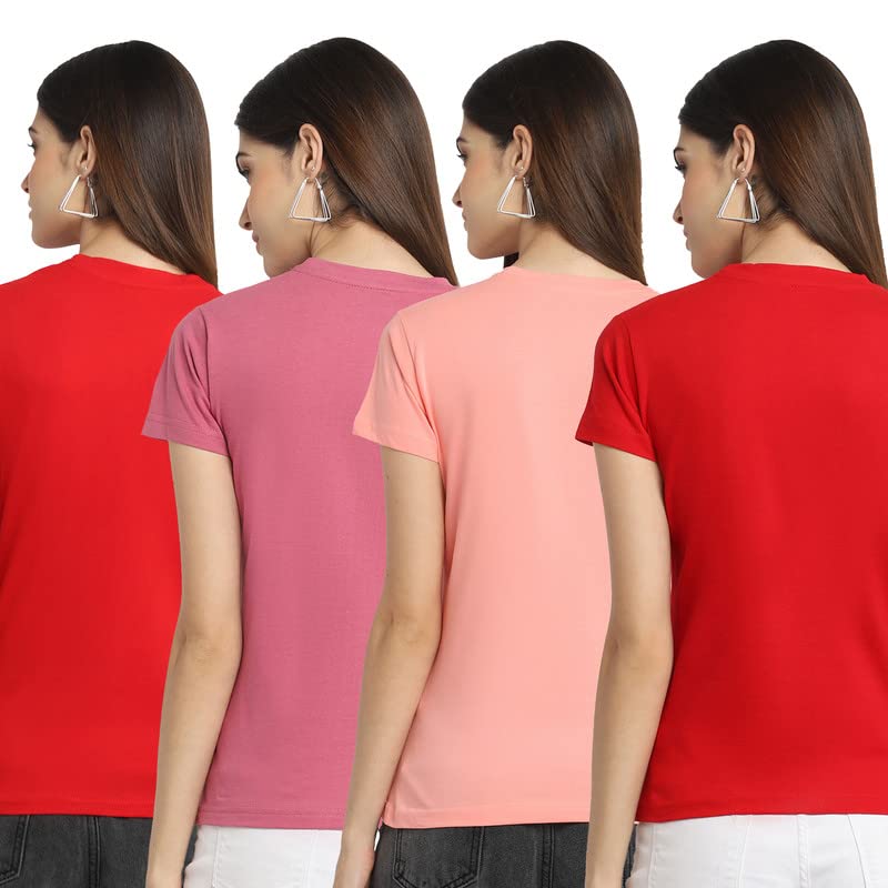 Preneum Womens Cotton Regular Fit Latest Graphic Stylish Printed Short Sleeves Casual T-Shirt || Trendy & Style (Pack 4), Red &