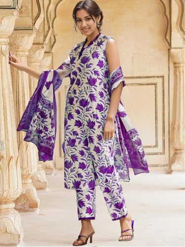 Shienzy WomenS Printed Cotton Blend Sleeveless V-Neck Kurta Pant Dupatta Set || Stylish Indo-Western Kurti For Wedding, Festive