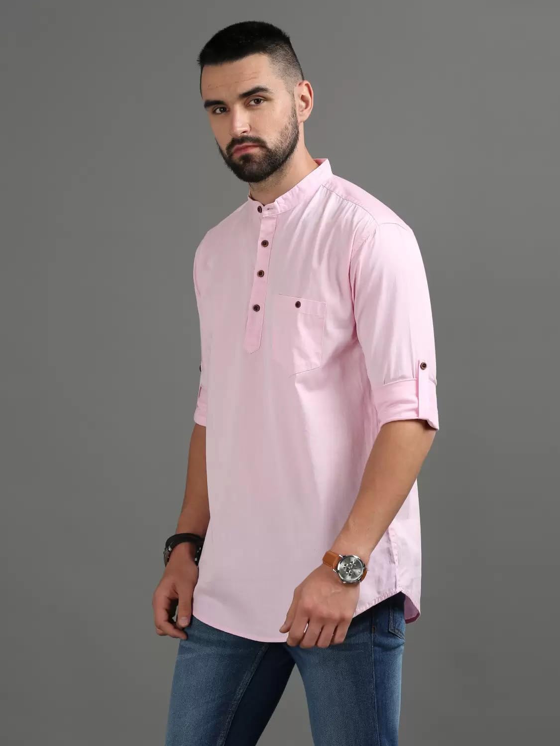 Deemoon MenS Regular Fit Solid Spread Collar Casual Shirt With A Trendy Mandarin Collar Crafted From A Premium Cotton Blend Lig