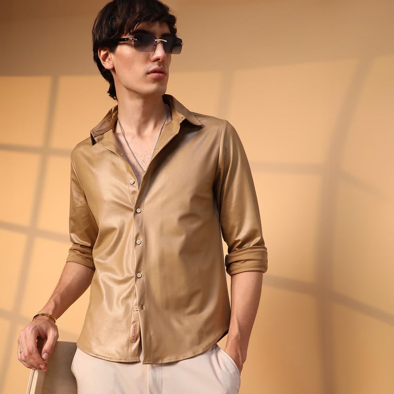 Campus Sutra Mens Camel Brown Solid Suede Shirt for Casual Wear | Spread Collar | Long Sleeve | Button Closure | Shirt Crafted