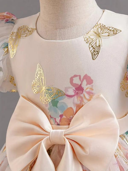 Niren Enterprise Baby Girls Gold Foil Butterfly Puff Sleeve Bowknot Princess Gown Dress For Special Occasions