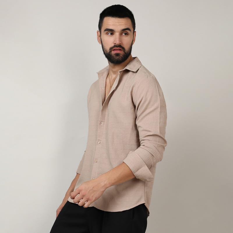 Campus Sutra Mens Polyester Beige Self-Design Intertwine Shirt for Casual Wear | Spread Collar | Long Sleeve | Button Closure |