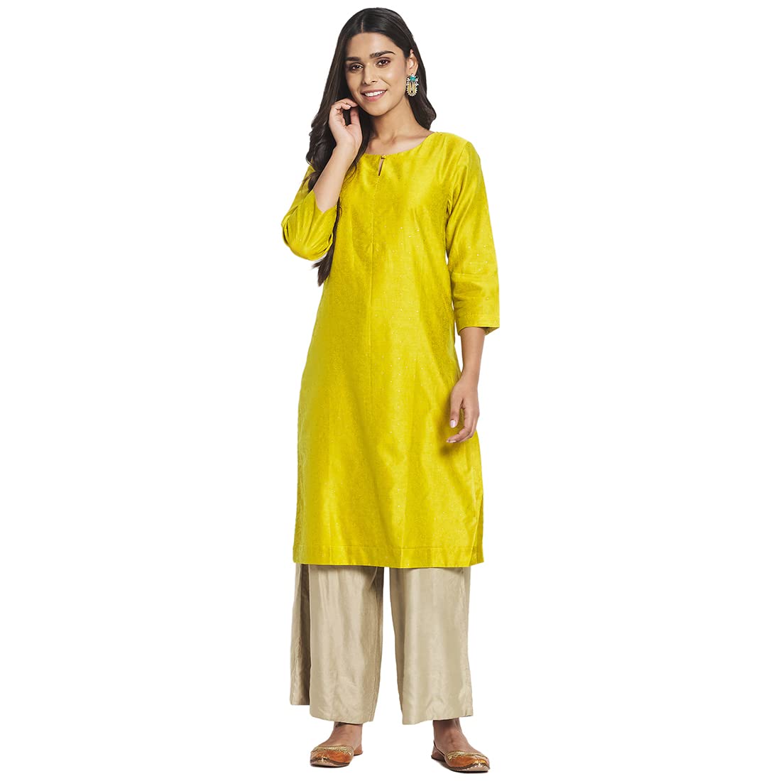 Fabindia Women Cotton Silk Hand Block Print Knee Length Kurta Green_Xl