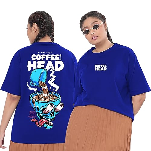 Bewakoof Womens Coffee Head Graphic Printed 100% Cotton Plus Size T-Shirt Oversized Fit, Round Neck, Half Sleeve_594358_Blue_4X