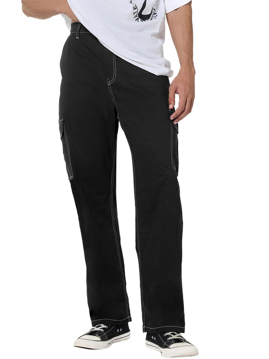 Bewakoof Mens Solid Wide Leg Cotton Casual Pants_685204_Black_32