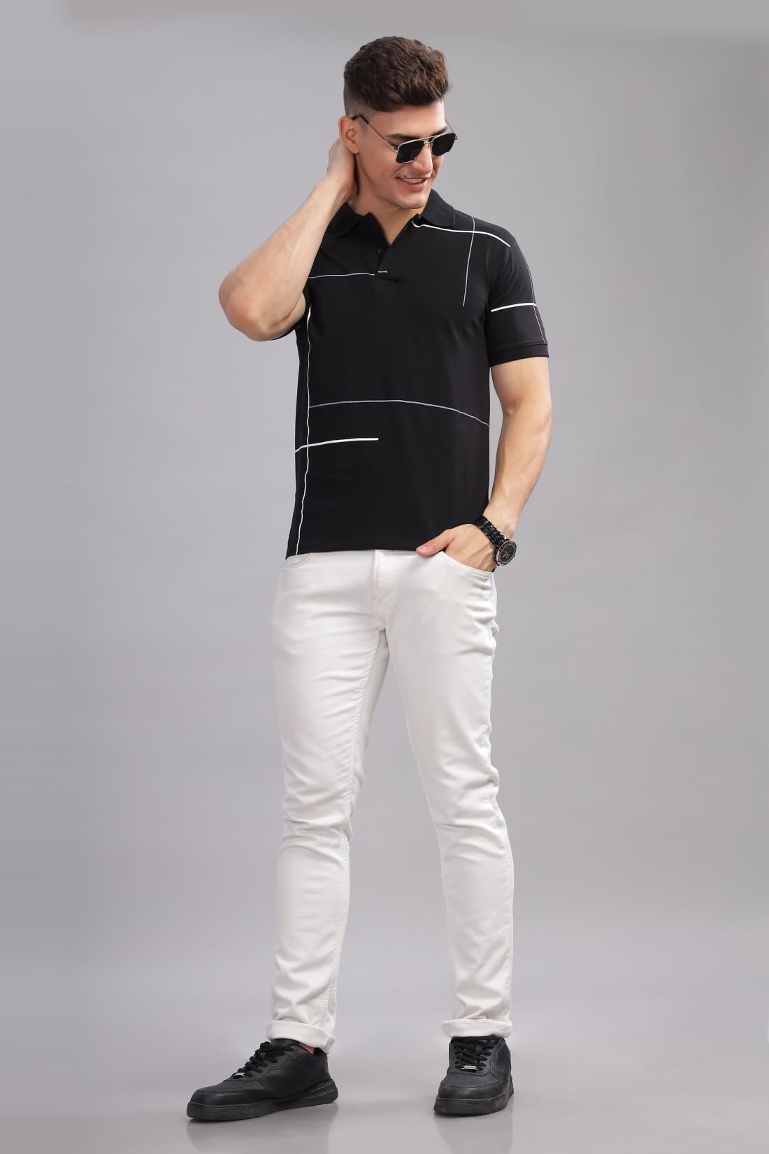 ADRO Men's Solid Regular Fit Polo Shirt (PNOP24-L1-BLWHGR_Black