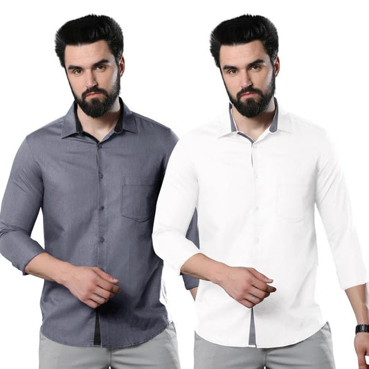 Pinkmint Combo of Men Casual Cotton Blend Full Sleeves Formal Regular Slim Fit Plain Office Shirts Grey-White