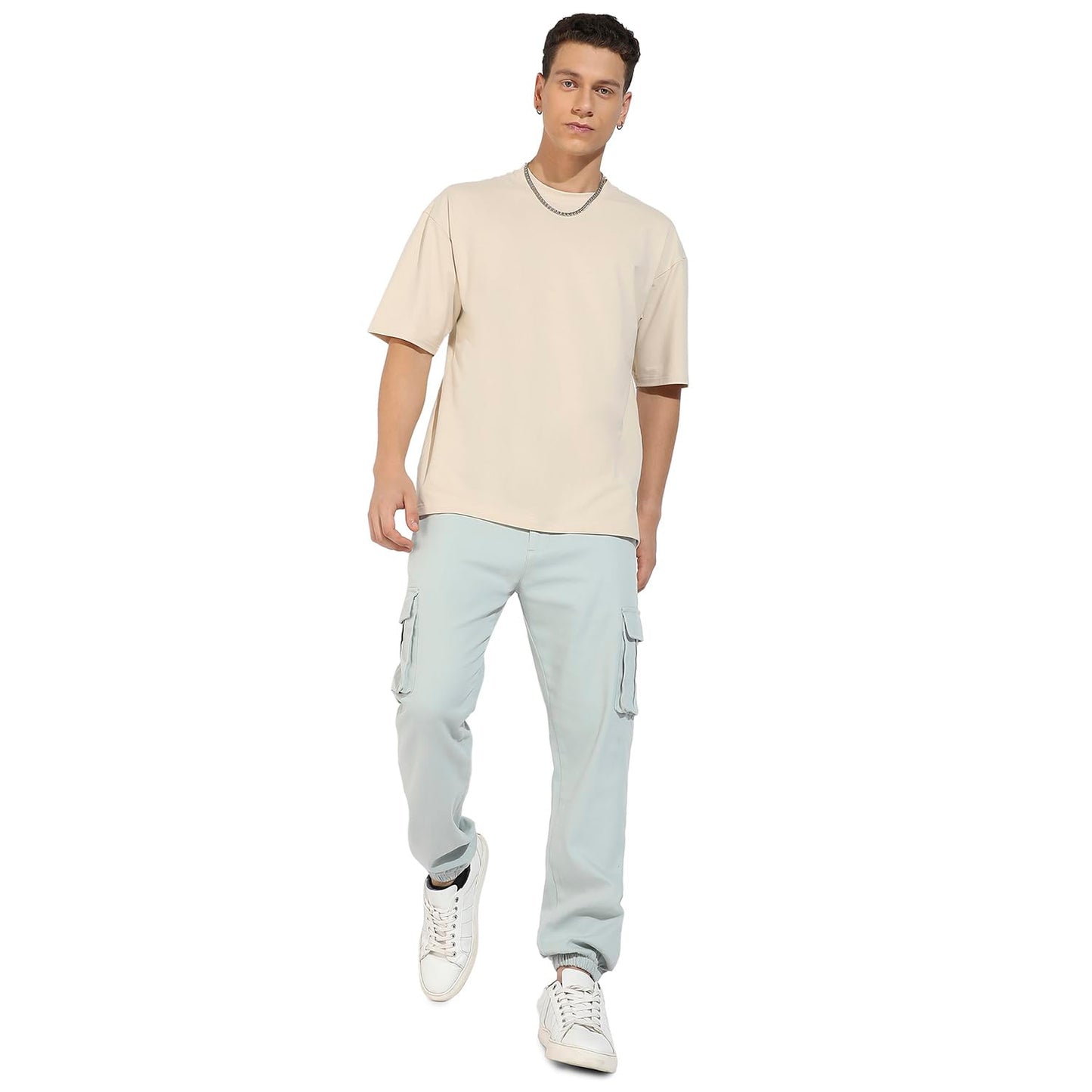 Campus Sutra Mens Sage Green Cuffed Hem Cargo Trousers for Casual Wear | 6 Pockets | Regular Fit | Button Closure | Cotton Poly