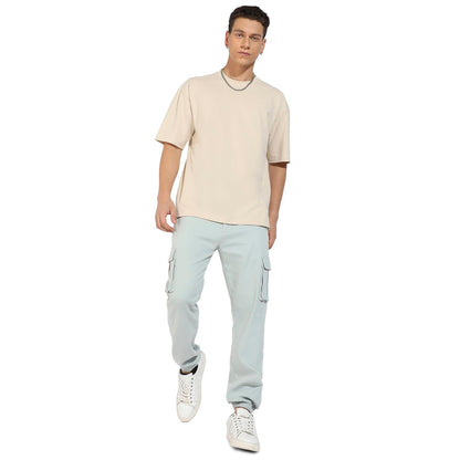 Campus Sutra Mens Sage Green Cuffed Hem Cargo Trousers for Casual Wear | 6 Pockets | Regular Fit | Button Closure | Cotton Poly