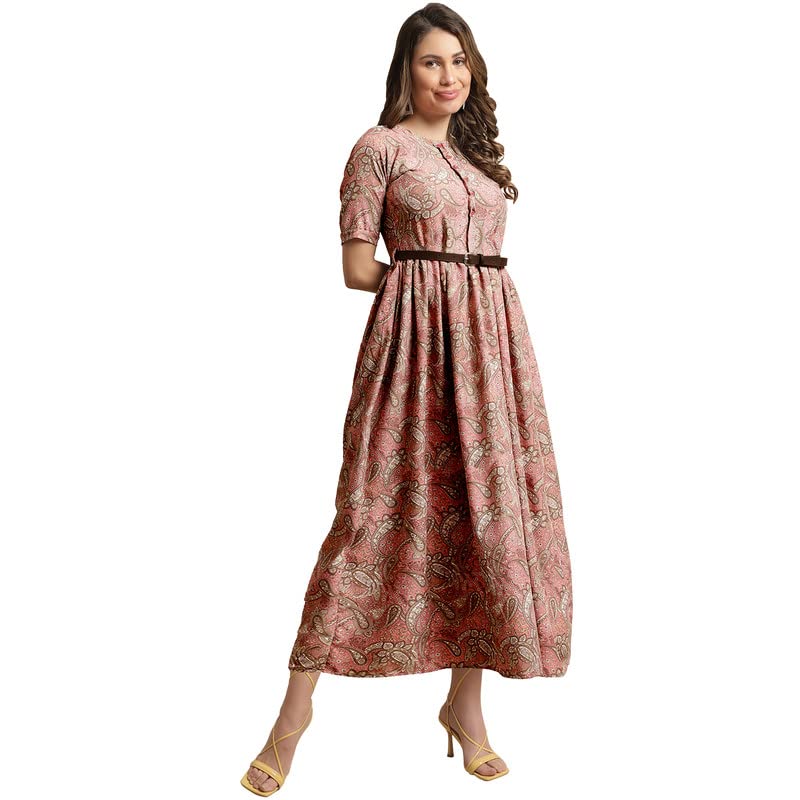 Preneum WomenS Georgette Floral Printed 3/4 Slevees A-Line Fit & Flare Gown With Beltindo-Western Ethnic Gown || A-Line Maxi Dr