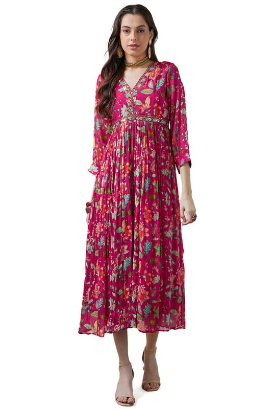 Soch Womens Fuchsia Chinon Floral Print Gathered Dress With Mirror Work