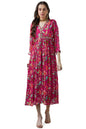 Soch Womens Fuchsia Chinon Floral Print Gathered Dress With Mirror Work