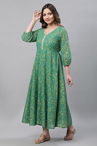 Aurelia WomenS Green Floral Foil Printed Flared Kurta